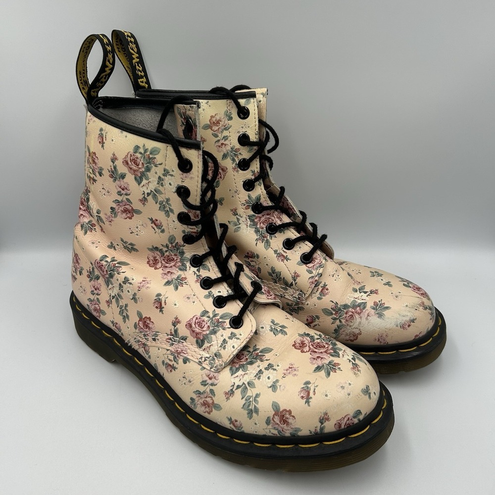 Dr. Martens 1460 Cream Rose Floral Peach Boots Womens Size 10 Ivory Leather